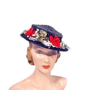Genuine 1950s Vintage Navy Blue Straw Wide Brimmed Tilt Hat With Red Flowers